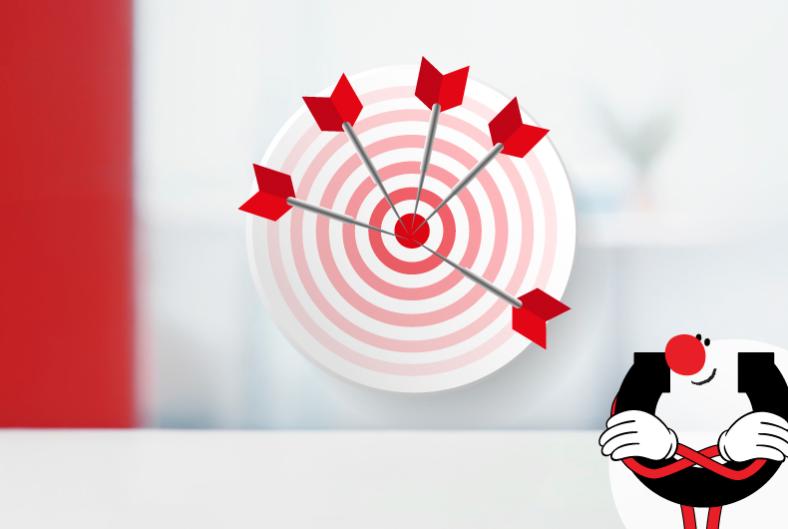 Tikkataulukaavio, jossa viisi nuolta osuu keskiympyrään. Jokainen nuoli edustaa sopimusvalmistuksen kilpailuetua: ydintoimintaan keskittyminen, kustannussäästöt, joustavuus, laadukkaat tuotteet ja nopea markkinoillepääsy. Manutecin punainen värimaailma.