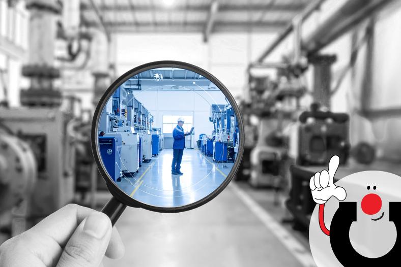 Käsi pitelee suurennuslasia, jonka läpi näkyy kirkas, puhdas ja teknologinen tuotantotila, jossa työntekijä työskentelee edistyneessä ympäristössä. Taustan mustavalkoinen teollisuushalli kontrastoi suurennuslasin sisällä näkyvän sinisävyisen, modernin työympäristön kanssa. Kuvassa näkyy myös Manutecin logo-hahmo.