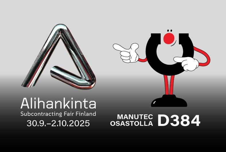 Vasemmalla Alihankintamessujen hopeanvärinen A-logo ja teksti "Alihankinta Subcontracting Fair Finland 30.9.–2.10.2025". Oikealla Manutecin Manu-maskottihahmo, joka on musta pyöreä hahmo punaisella nenällä ja valkoisilla käsineillä, joka osoittaa vasemmalle. Alapuolella teksti "MANUTEC OSASTOLLA D384". Tausta on harmaa gradientti.