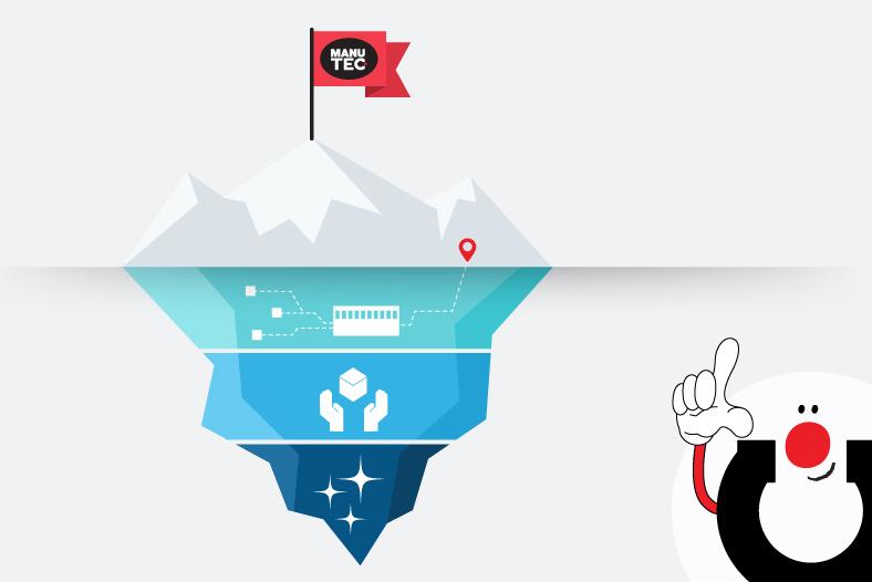 Piirros jäävuoresta, jonka huipulla liehuu Manutecin lippu. Jäävuoren vedenalaisessa osassa näkyy eri tukitoimintoja kuvaavia ikoneita: logistiikkaa, pakkausratkaisuja ja laatuun liittyviä elementtejä. Oikeassa alakulmassa Manutecin Manu-hahmo osoittaa jäävuorta.