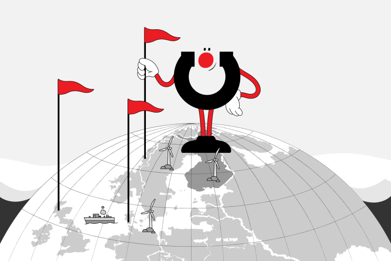 Manutecin hahmo seisomassa maailmankartalla. Kädessään hänellä on lippu, jollaisia on pystytetty vientimaihin.