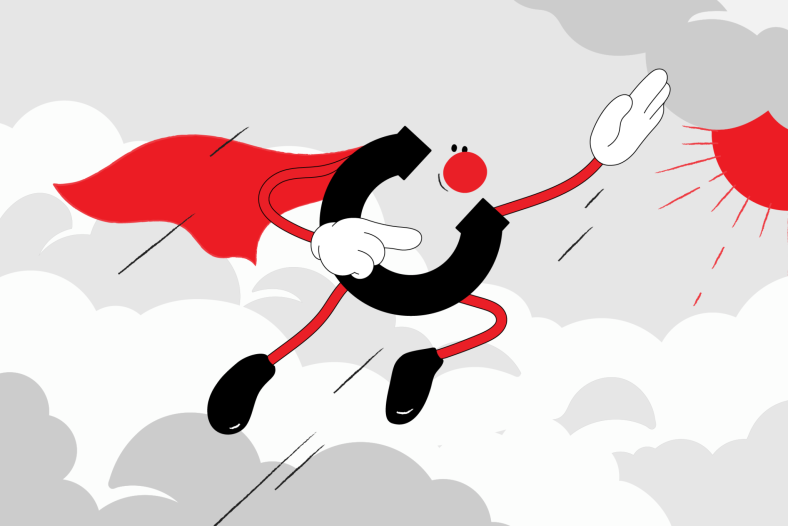 Manutecin hahmo liitämässä alavasemmalta yläoikealle läpi harmaan maiseman punainen viitta selässään. 