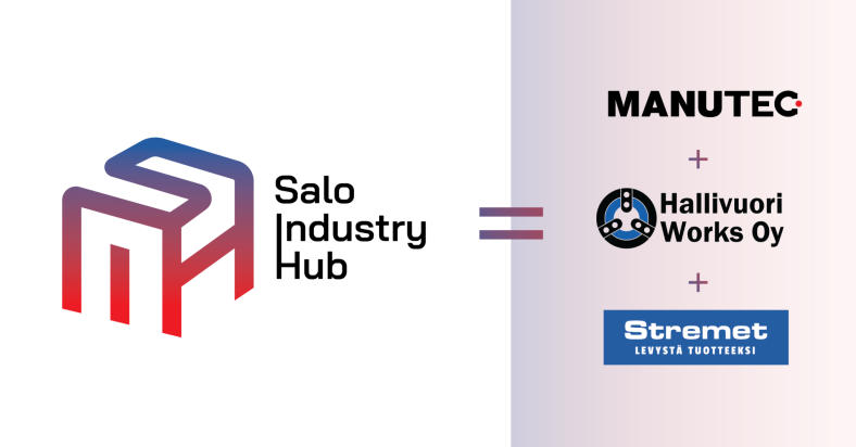 Vasemmalla Salo Industry Hubin logo ja oikealla Manutecin, Stremetin ja Hallivuori Worksin logot.